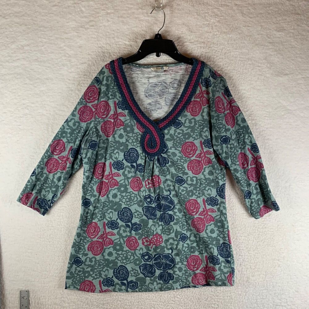 Boden Women's 3/4 Sleeve Floral Print Braided V-Neck Trim Cotton Tunic Top Sz 12